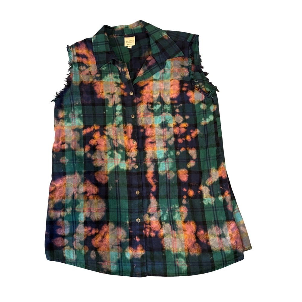 People of Leisure Woman's L Bleached Plaid Sleeveless Button Down Shirt Green